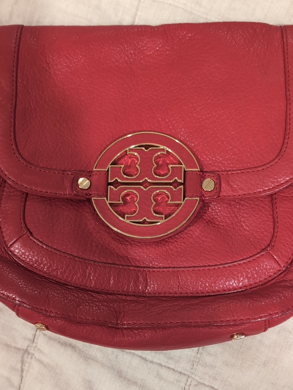 Tory Burch Red Leather Crossbody with Gold Logo Emblem